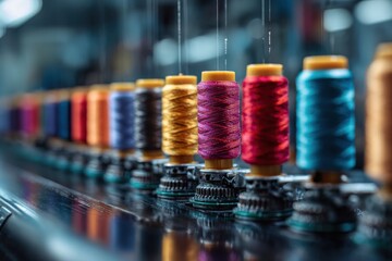 Colorful thread spools arranged neatly in a modern automated sewing machine setup during daytime work in a textile workshop