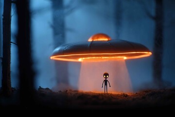 retro flying saucer beaming up glowing alien figure