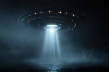 retro flying saucer emitting bright beam of light from bottom