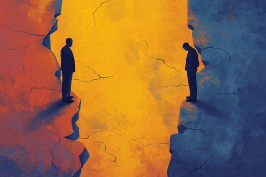 Two anonymous people standing on opposite sides of a cracked gap, representing polarization, broken trust, and unresolved conflict in a textured, minimal illustration.