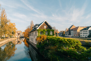 Strasbourg, France - September 5, 2025 Old town water canal of Strasbourg, Alsace, France. Traditional half timbered houses of Petite France