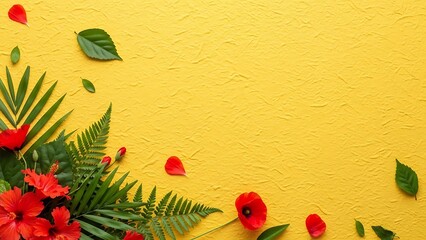 Vibrant red flowers and leaves on bright yellow background