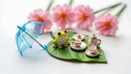 Frog having tea party under umbrella on leaf with flowers