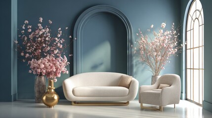 Elegant living room interior with neutral furniture and floral decor