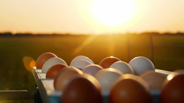 A collection of brown and white eggs rests in a tray, glowing under the warm light of the setting sun. The eggs reflect the sunlight, enhancing the tranquil beauty of the countryside.