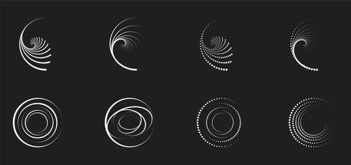 Abstract spiral swirl line set on dark background, circular motion rings and vortex shapes for modern graphic design, dynamic effects, futuristic branding, and creative visual elements.