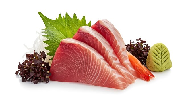 Fresh sashimi plated with garnishes isolated on white background