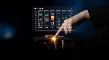 A weekly business performance report and analytics dashboard. A concept for tracking trends, KPIs, financial data, and insights over time. Motif