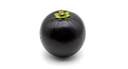 Single black tomato with green stem isolated on white background