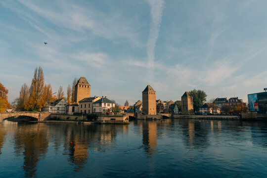 Panoramic view on The Ponts Couverts in Strasbourg with blue cloudy sky. France.