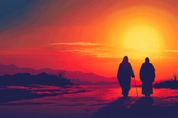 Pregnant Mary and Joseph walking to Bethlehem at sunset