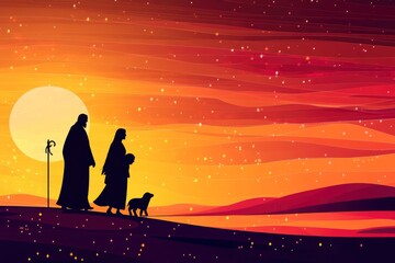 Pregnant Mary and Joseph walking to Bethlehem at sunset