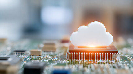 A close-up view of a circuit board featuring a glowing cloud symbol, representing cloud computing and digital innovation.