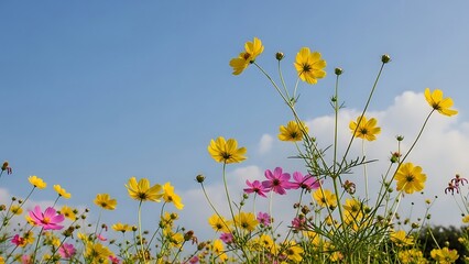 Vibrant field of yellow and pink flowers under clear blue sky