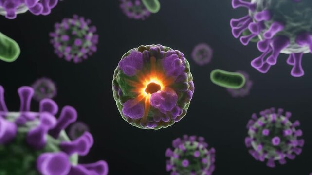 Microscopic view of complement proteins attacking bacteria and viruses