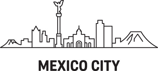 Mexico city travel skyline line art illustration with angel of independence landmark and mountain silhouettes © Pappu0099