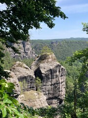 Felsen an der Bastei in der s&auml;chsischen Schweiz mit B&auml;umen im Sommer