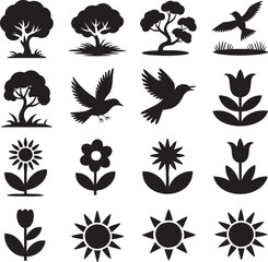 Fototapeta premium Silhouettes of trees birds flowers and suns in a monochrome design