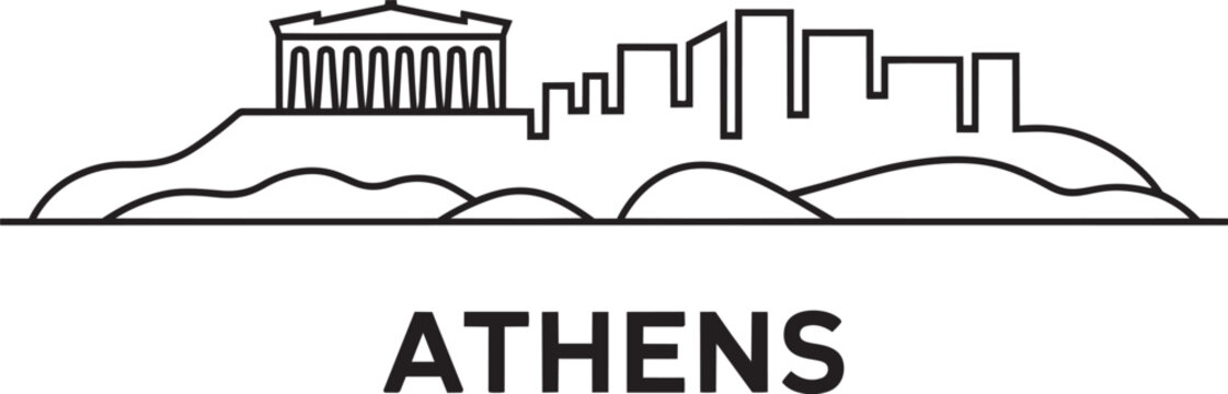 Outline sketch of ancient athens acropolis and modern cityscape on rolling hills