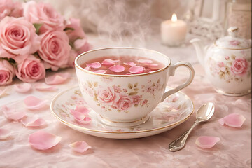 Fototapeta premium Romantic Rose Tea Moments for Valentine’s Day Love