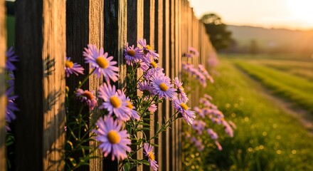 Wildflowers blooming on a rustic wooden fence at sunset