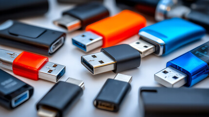 A diverse collection of colorful USB flash drives arranged on a table, showcasing different designs and capacities.
