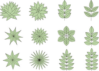 Green leaves and foliage icon set featuring botanical shapes floral patterns line art vector illustration isolated white background