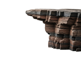 Rugged cliff rock, earthy brown and grey tones, intricate textures, isolated against transparent background with copy space, high-key studio shot, concept for minimalist design
