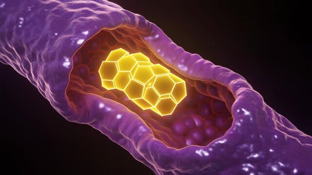 Animated illustration of a glucose molecule entering a cell, medical science concept.