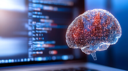 A futuristic digital brain visualization overlays a computer screen filled with code, symbolizing artificial intelligence and innovation.