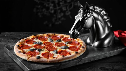 Black Horse Sculpture with Pepperoni Pizza in Dark Moody Selective Red Aesthetic