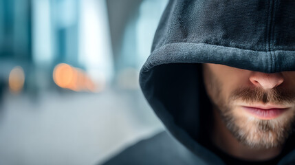 A mysterious figure in a hooded sweatshirt, embodying intrigue and anonymity in an urban setting.