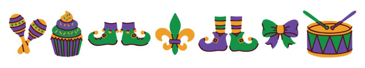 Mardi Gras. Wide collection of holiday items arranged in a row including musical instruments food and jester clothing. Decorative element for carnival event posters and Fat Tuesday layouts. © Sunflower