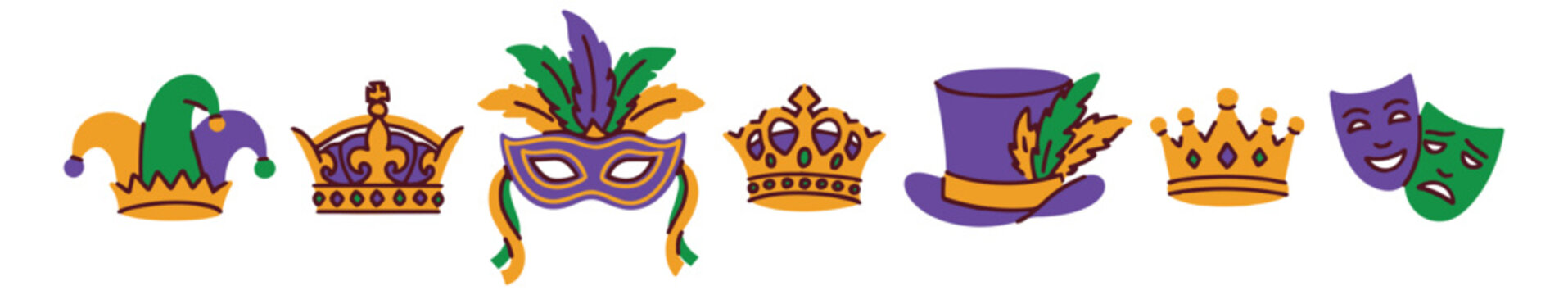 Mardi Gras. Horizontal line of festive elements including jester caps royal crowns and theater masks. Decorative divider or footer for carnival party invitations and Fat Tuesday banners.