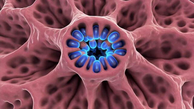 Microscopic view of a folding neuromuscular junction with synaptic vesicles