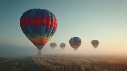 Fototapeta premium Soaring Above the Horizon: Colorful hot air balloons gracefully ascend through a misty atmosphere, offering an aerial view of a serene landscape, a symbol of freedom, travel, and adventure.