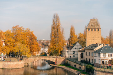 Obraz premium Panoramic view on The Ponts Couverts in Strasbourg with blue cloudy sky. France.
