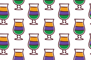 Mardi Gras. Repeating texture of layered carnival drinks in traditional colors for Fat Tuesday restaurant menus and holiday background design.