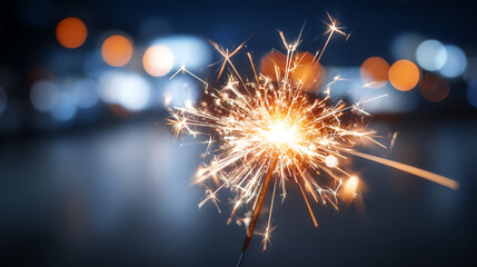 A sparkling firework lit in the dark, creating a festive atmosphere with beautiful light trails against a blurred background.