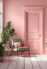 Elegant room interior with pastel pink walls chair and decorative plants