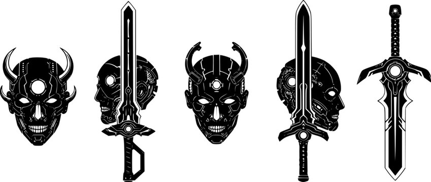 Futuristic cybernetic heads and swords graphic icons
