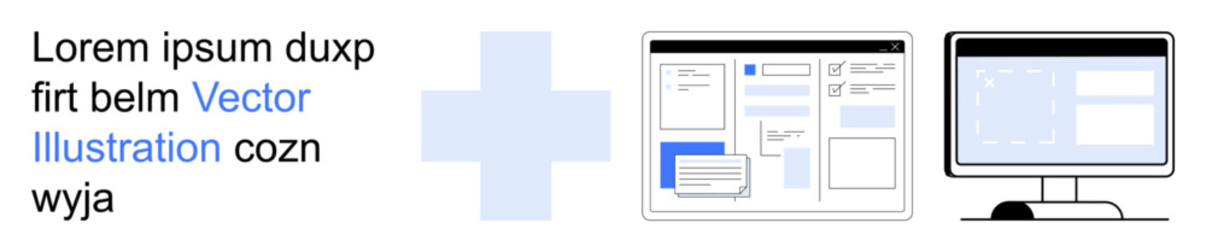 Digital design, UX strategy, web development, interface usability, modern technology, software design. Graphic of a desktop screen with website wireframes. UX strategy and digital design