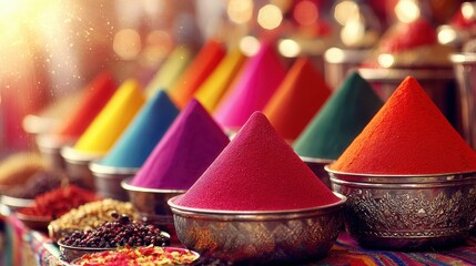 Harmony of Hues: A vibrant display of colorful powders, carefully arranged in ornate bowls, presents a vivid spectrum of pigments.
