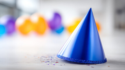 A vibrant blue party hat resting on a table with colorful balloons in the background, perfect for celebration and festive events.