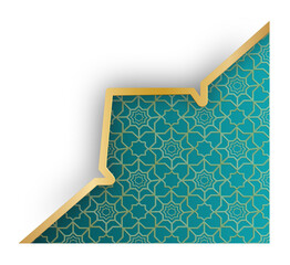 Elegant Golden Framed Corner Design with Islamic Geometric Pattern. Teal Background with Traditional Arabic Motif.