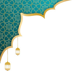 Elegant Islamic Corner Border with Golden Geometric Pattern and Hanging Lanterns