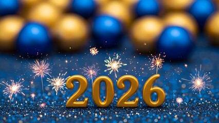 Sparkling new year 2026 celebration with golden and blue orbs