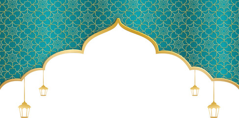 Decorative Islamic arch with golden lanterns, teal geometric pattern, and ample copy space for festive designs and greetings