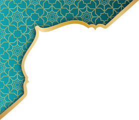 Golden Islamic geometric pattern corner frame on teal background. Elegant decorative border for luxury design.