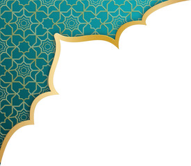 Elegant Islamic geometric corner frame with gold border on teal background, copy space for design